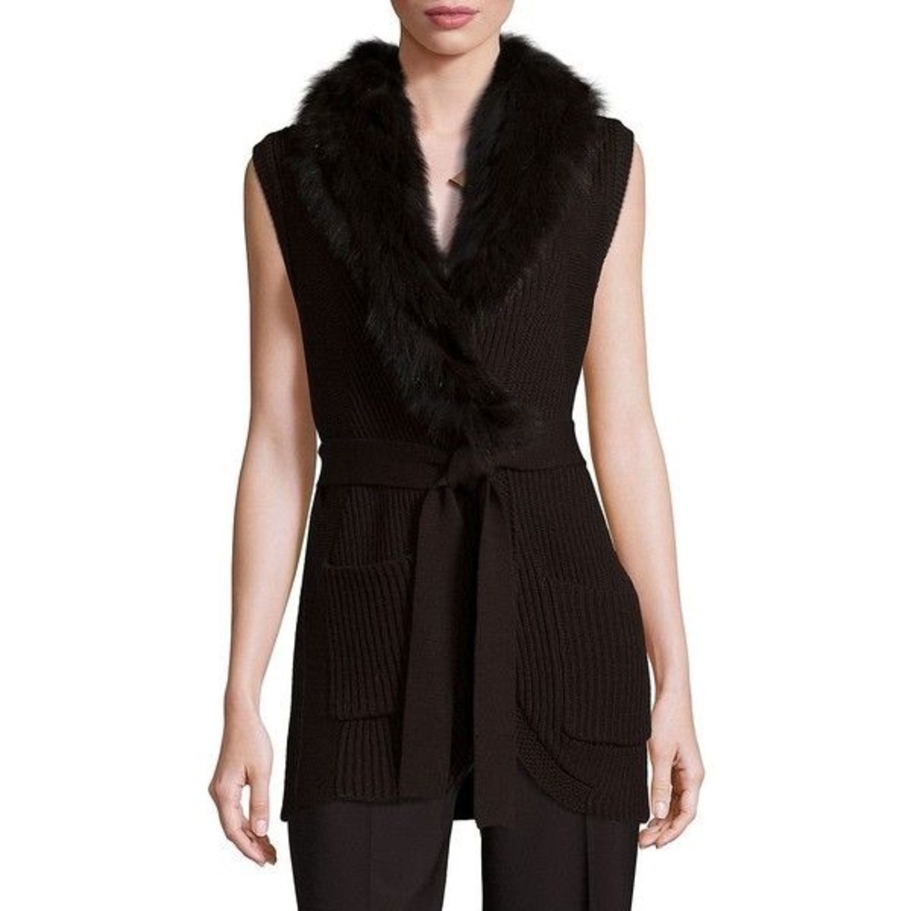 Kobi Halperin Fur Trim Belted Sweater Vest